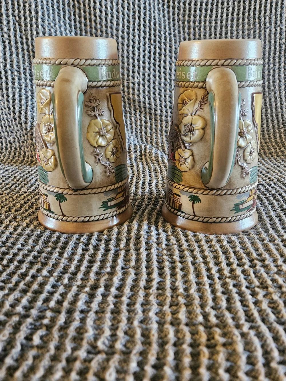 Budweiser Tan Ceramic California Stein Pair with Red Logo
